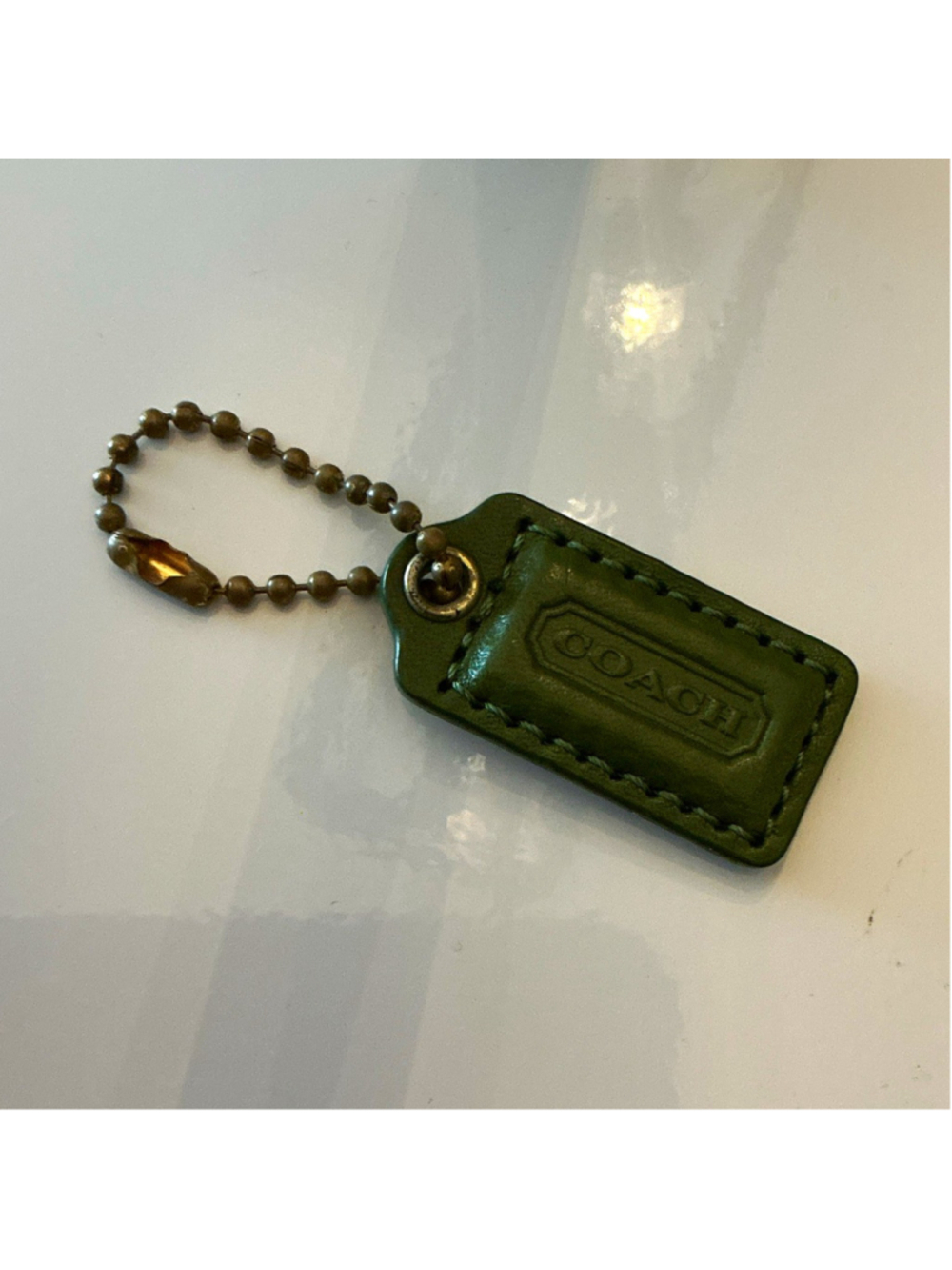 Coach Green Leather & Gold Metal Logo Key Chain Keyring for Women Solid